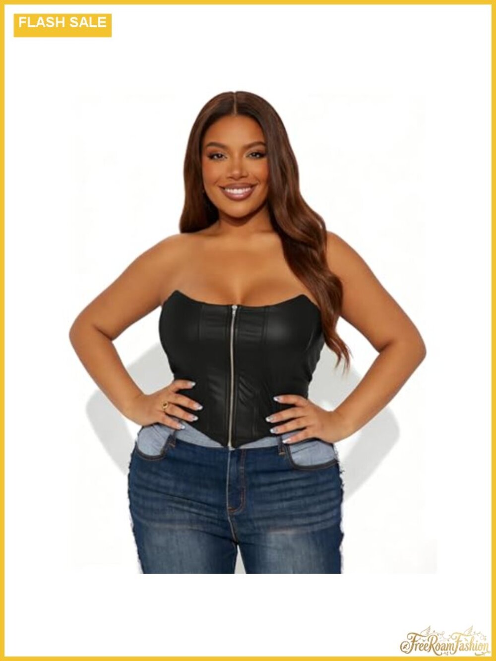Faux Leather Strapless Zip Front Corset Bustier Crop Top Clubwear